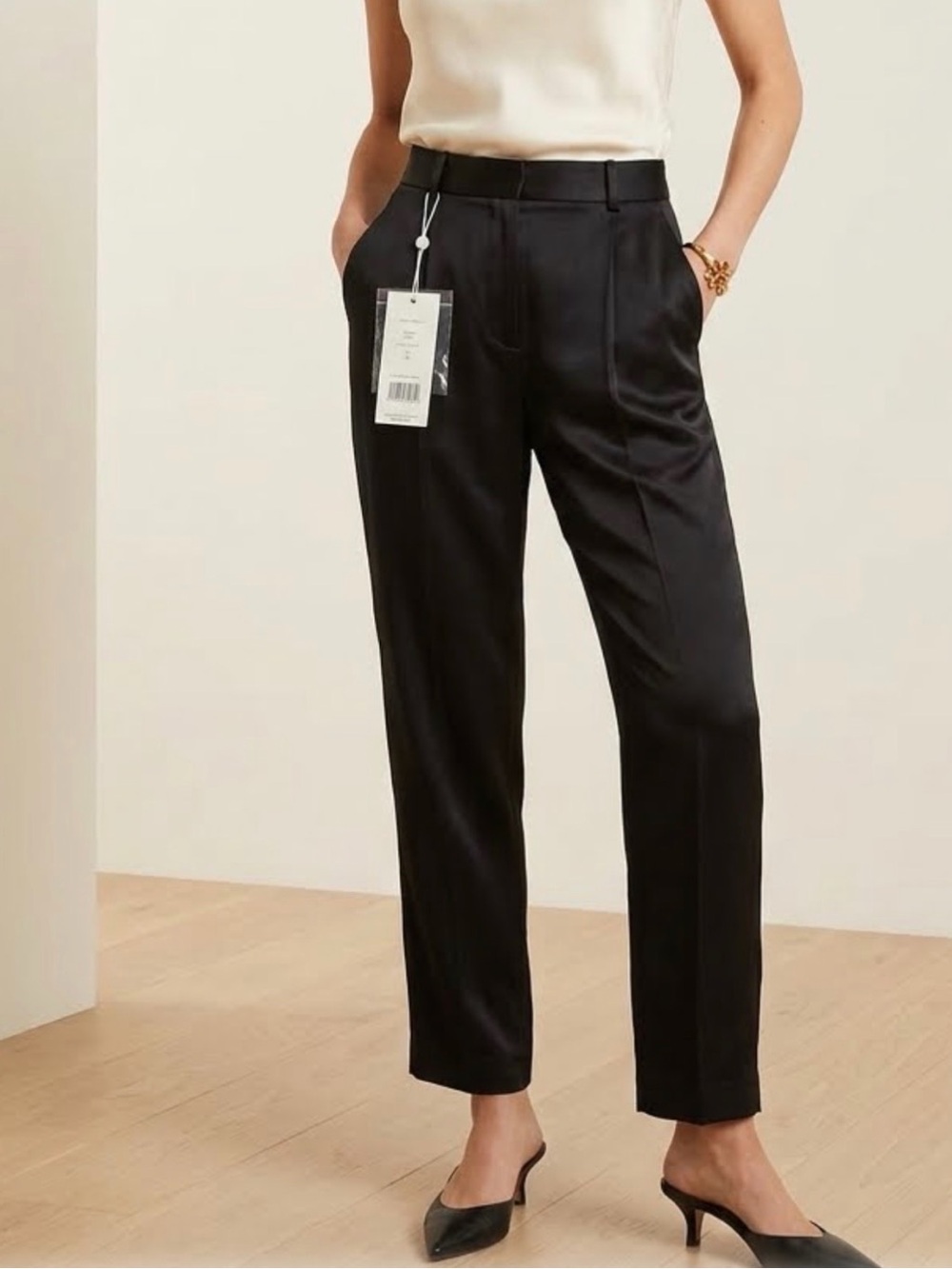 Tory Burch Black Satin Pants NWT Size 10 High Rise Straight Leg Pleated 63489